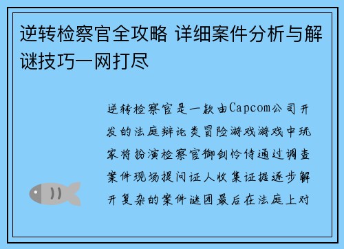 逆转检察官全攻略 详细案件分析与解谜技巧一网打尽